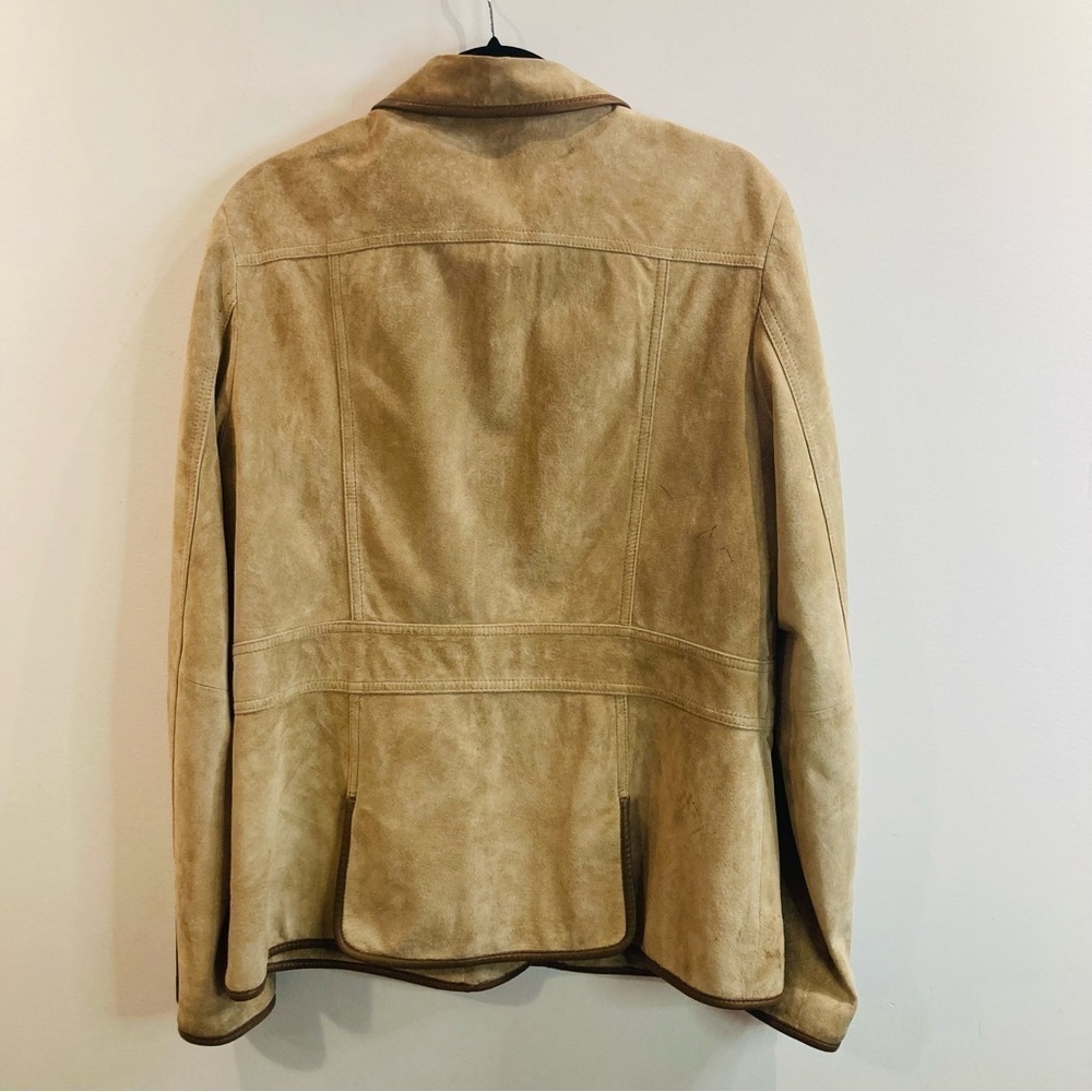 EDDIE BAUER SZ L Seattle Suede Vintage Tan Brown Trim Pockets Back Slits Jacket - Picture 9 of 16